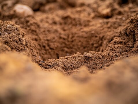 A close-up reveals a molehill entrance, showcasing intricate soil patterns formed by excavation. The scene emphasizes the hidden world of underground wildlife