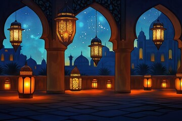 Fototapeta premium Islamic archway at night. Many lanterns glow warmly. Buildings, palm trees visible. Peaceful scene. Nighttime in old city. Arabian atmosphere. Ornate lanterns light up ancient area. Night scene under