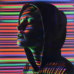 A striking profile portrait of a person wearing a dark hood, bathed in vivid, multicolored light beams, a futuristic and immersive digital art feel, horizontal stripes of vibrant neon colors