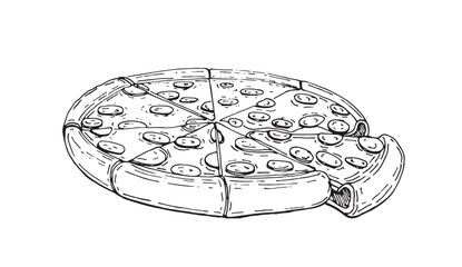 Hand drawn sketch style pizza. 100% hand drawn vector image.