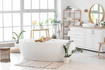 Interior of modern bathroom with bathtub, houseplants and cosmetic products
