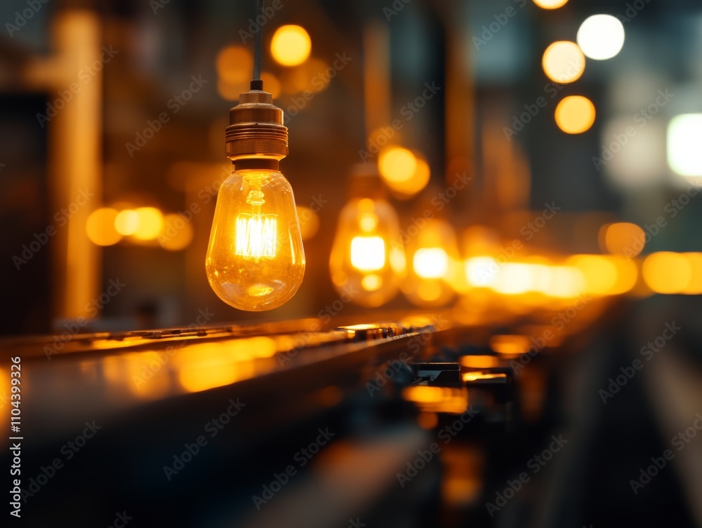 Poster glowing light bulbs advance steadily along a conveyor belt in an industrial environment, illustratin