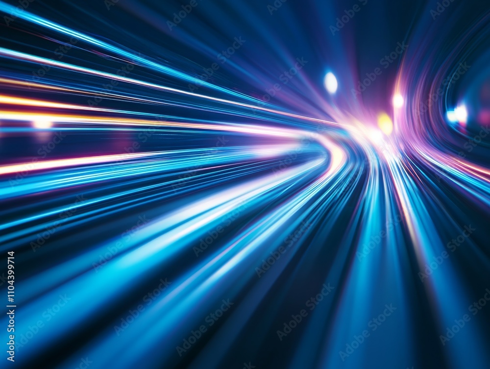 Poster Vibrant blue light rays streak quickly across a pitch-black backdrop, creating an abstract display of energy and motion with ample space for additional text