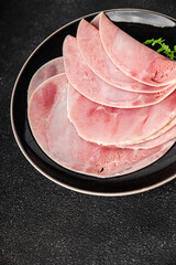 Ham slice pork meat fresh tasty food dish delicious gourmet food background on the table rustic food top view copy space