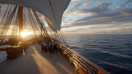 Crew members of the Flying Dutchman stand at attention as they gaze at the stunning sunset, navigating through uncharted waters