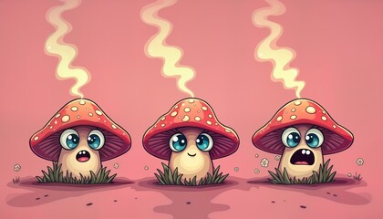 Cute cartoon mushrooms emit smoke. Groovy fungi with expressive faces. Pink background. Retro style animation set. Mushrooms in row. In fantasy setting. Emitting hallucinatory smoke. Trippy, fun