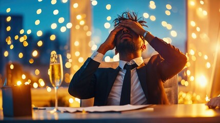 Stressed businessman in suit holding head at festive office desk with champagne, bokeh lights in background
