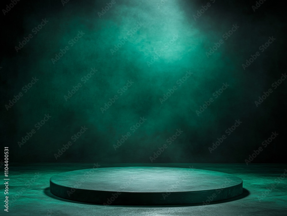Fototapete This composition features a low-angle view of a circular stage podium illuminated by a single spotlight, set against a rich green backdrop, creating an elegant atmosphere for product showcases