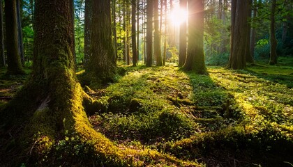 Fototapeta premium 苔と小花が咲く森の床、清々しい空気 