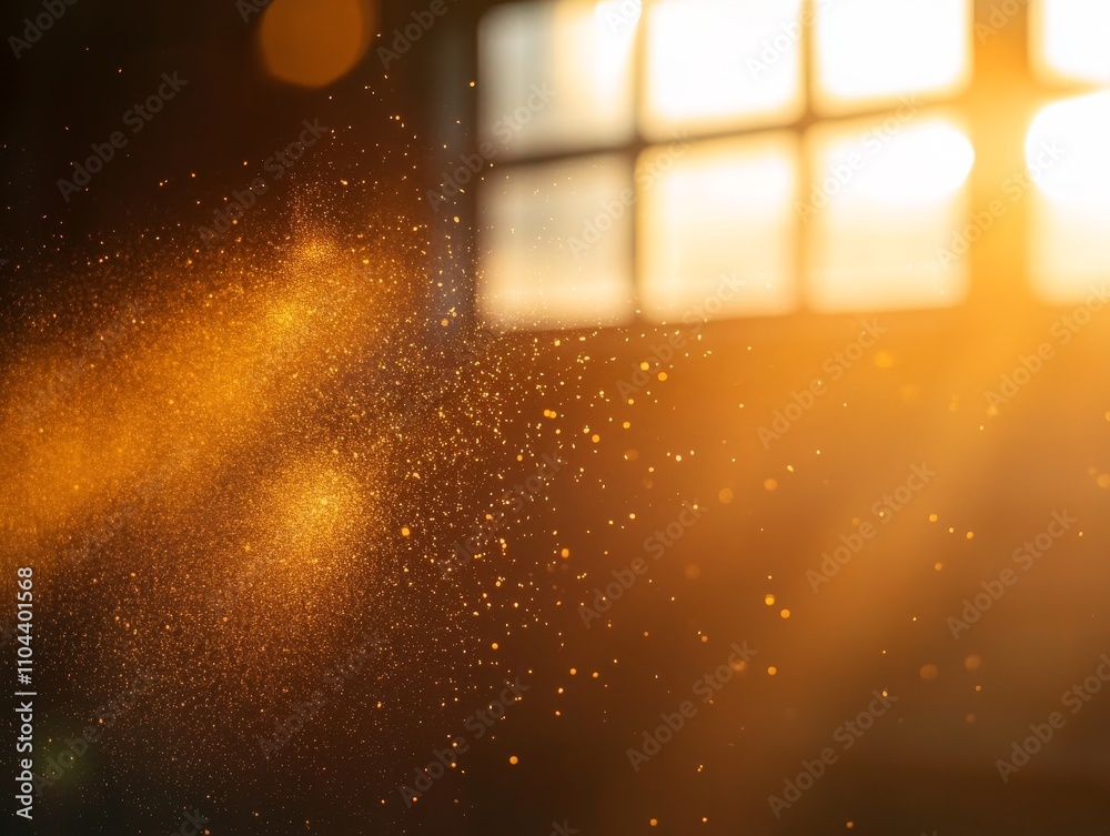 Poster Dust particles float softly in the air, lit by warm rays of sunlight entering through a partially open window, creating a serene and calming atmosphere