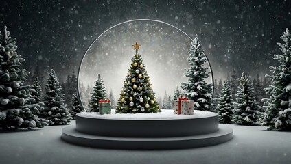 Circular product display with snowy Christmas tree backdrop.