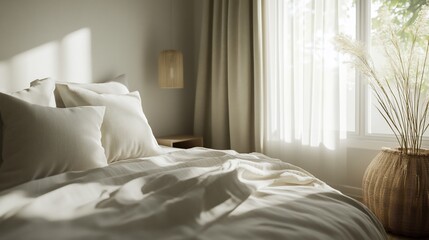 Minimalist bedroom with natural light, soft linens, and a serene atmosphere.