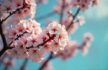 Springtime blossoms on tree branch. Delicate pink flowers bloom in springtime. Beautiful floral nature scene. Vivid colors, soft focus create pleasant visual. Ideal for spring season imagery. Close