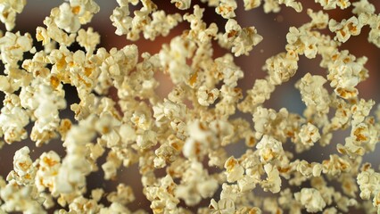 Freeze motion of flying tasty popcorn, close-up