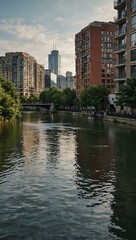 City river with surrounding buildings.