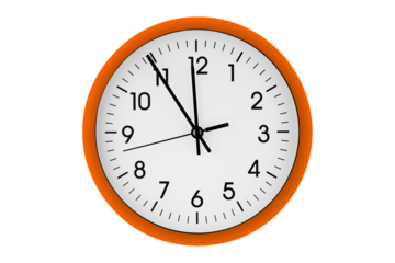 Orange watch, wall clock 11 hours 45 minutes on isolated or white background close up