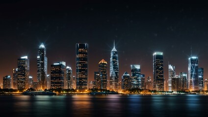 Obraz premium City skyline with tall buildings and lights.