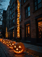 City streets decorated with glowing pumpkins for Halloween.