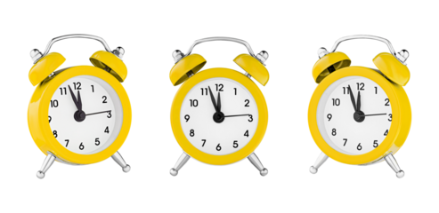 classic watch, pointer clock, Yellow color alarm watch on isolated white background close up