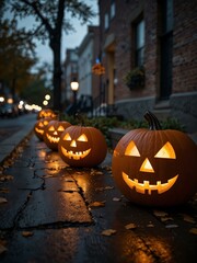 City streets decorated with glowing pumpkins for Halloween.