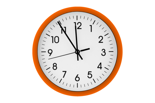 Orange watch, wall clock 11 hours 45 minutes on isolated or white background close up