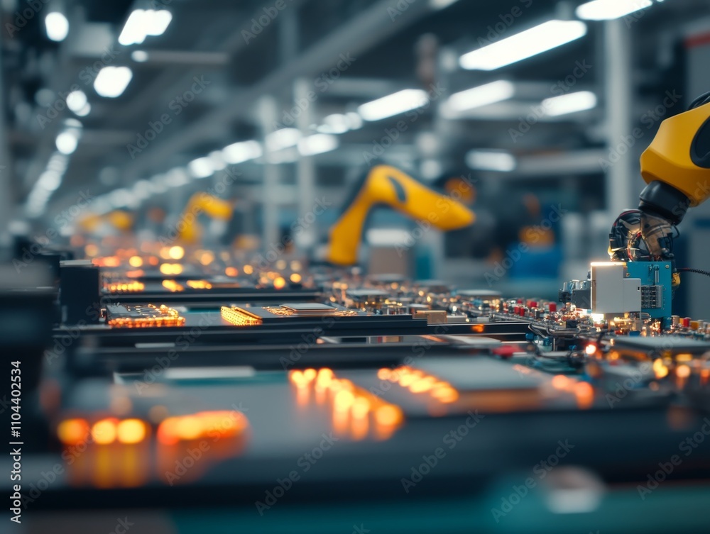 Poster Robotic arms meticulously assemble small electronic components on an advanced assembly line, showcasing cutting-edge technology in a sleek factory environment