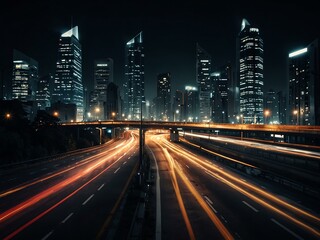 Fototapeta premium Cityscape at night with abstract lighting and car traffic.