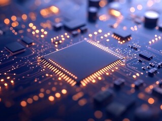 Fototapeta premium The detailed view showcases a macro shot of an electronic circuit board, revealing intricate chips and connections that represent advanced computer hardware and digital technology