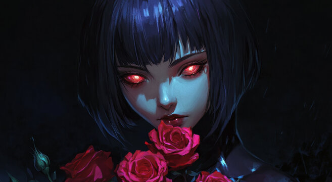 Anime Girl illustration, an anime-style portrait of an anime girl with a purple bob-cut hairstyle holding roses in the dark at night, with glowing eyes