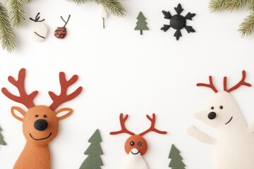 Fototapeta premium Paisagem de natal em miniatura com Papai Noel, renas e pinheiros cobertos de neve, estilo lúdico e colorido, criado por IA generativa.