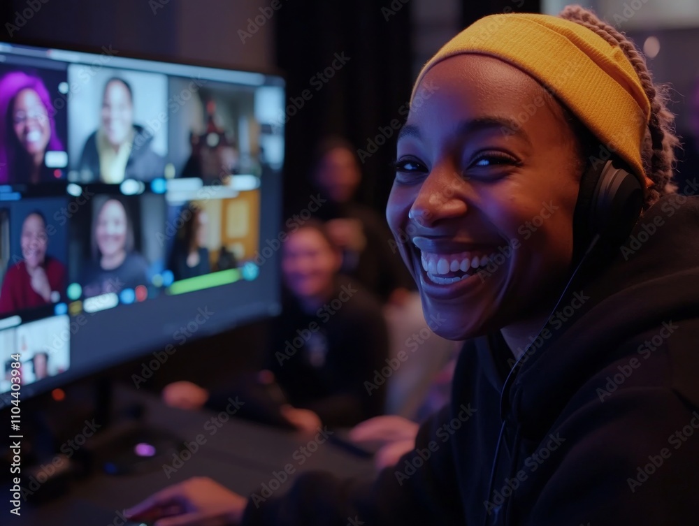 Aufkleber A group of diverse individuals smiles and interacts during a video call, emphasizing connection across different locations in a supportive environment