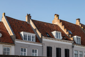 Row of historic monumental residential buildings in the fortified town of Wijk bij Duurstede in the Netherlands.