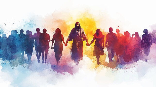 Jesus christ holding hands with diverse group of people digital watercolor painting vector illustration
