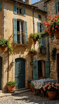 Fototapeta Classic French village street with flower-laden homes.
