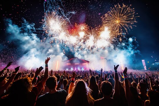 Massive crowd enjoys music festival at night. Fireworks explode above cheering audience. People raise hands in excitement. Colorful confetti falls from sky. Energetic atmosphere. Event full of fun,
