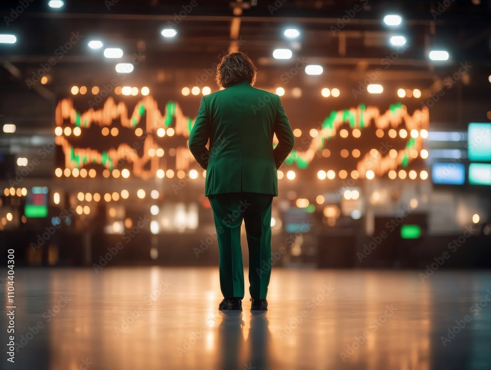 Poster a figure in a green suit stands, focused on ascending candlestick charts symbolizing market trends. 