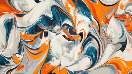 An abstract background featuring dynamic, swirling patterns with vibrant colors of orange, blue, and silver, creating a fluid, kaleidoscopic effect. Kaleidoscopic. Illustration