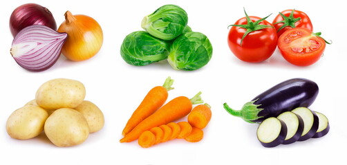 variety of vegetables isolated on a white background, healthy food, healthy diet, fibers, potassium, magnesium, green vegetables, carrots, tomatoes, cucumber, onions, potatoes 