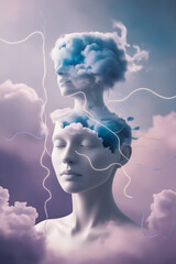 Obraz premium Surreal mental health concept, human figure dissolving into clouds, glowing threads of connection, ethereal colors.