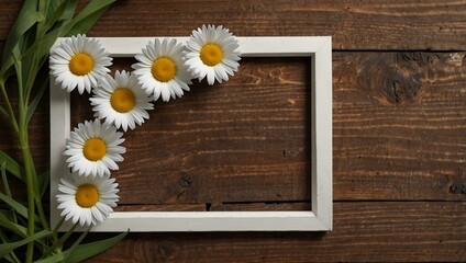 Obraz premium Clean white paper framed by fresh daisies on wood.
