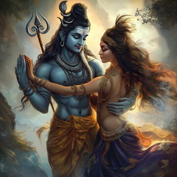 Lord Shiva, Goddess Parvati dance together in sacred Hindu scene. Bodies intertwine in beautiful dance pose. Hindu deities wear traditional clothing. Scene imbued with ancient vibes, artistic