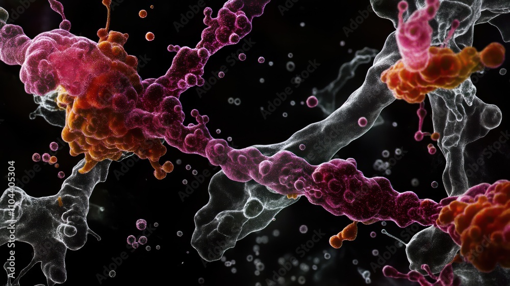 Leinwandbilder Microscopic view of dynamic protein interaction. Actin, spectrin proteins linked in cell cytoskeleton. Complex molecular structure interaction visible. Cellular process visualized through advanced