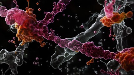 Microscopic view of dynamic protein interaction. Actin, spectrin proteins linked in cell cytoskeleton. Complex molecular structure interaction visible. Cellular process visualized through advanced