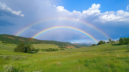 Fototapeta premium Radiant rainbow arches over a vast green meadow with rolling hills under a blue sky