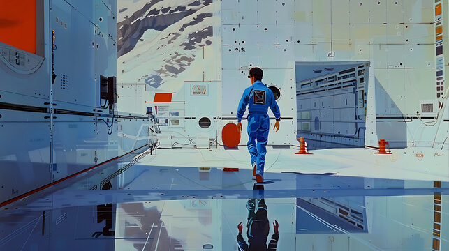 futuristic illustration, syd meads artwork depicts a man in a blue jumpsuit exiting a stark white laboratory
