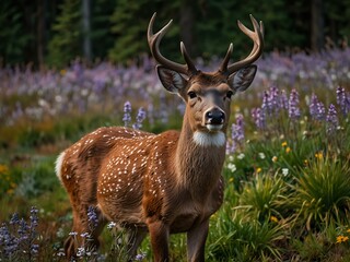 Fototapeta premium Clear shot of a deer amidst flowers on Vancouver Island.