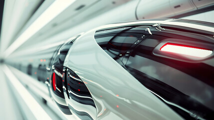 future transportation, close-up photo of futuristic bullet train on white background with atmospheric lighting, featuring high-tech and hyperrealistic elements in hd