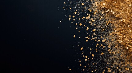 Scattered golden glitter particles on a dark black background creating an abstract and elegant texture design, with a gradient effect from dense to sparse.