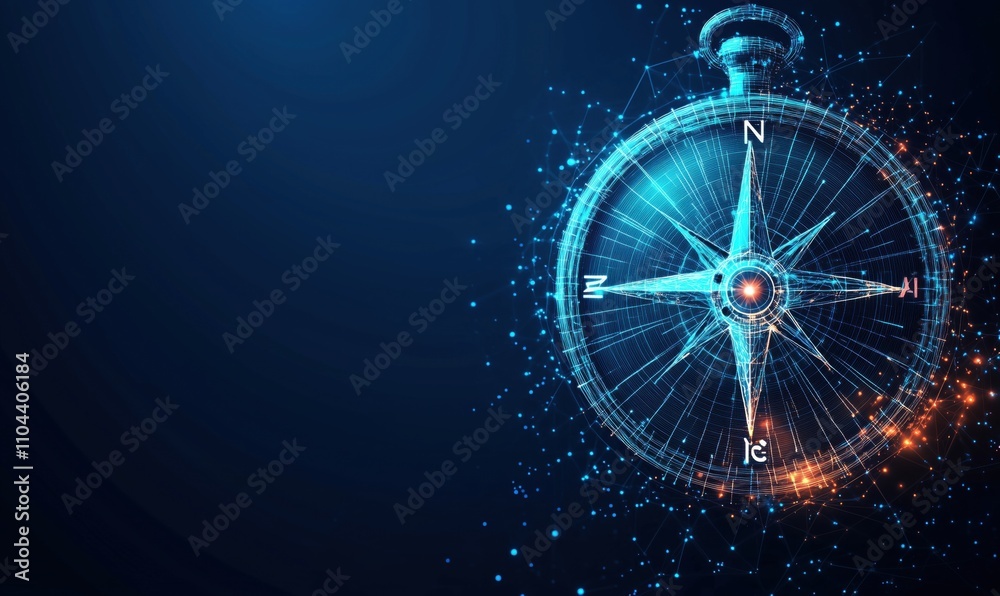 Poster digital compass with glowing lines and particles, representing navigation and technology. features c
