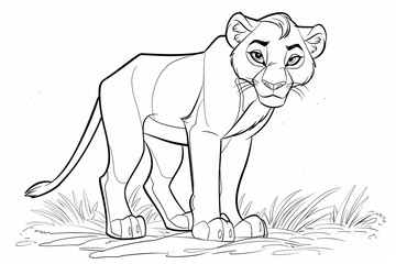 Obraz premium A detailed line drawing of a lioness, showcasing her confident stance and expressive features, perfect for coloring activities.